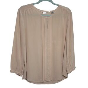 MAX STUDIO Silk Beige Long Sleeve Button Neck Blouse Women's Large FLAW